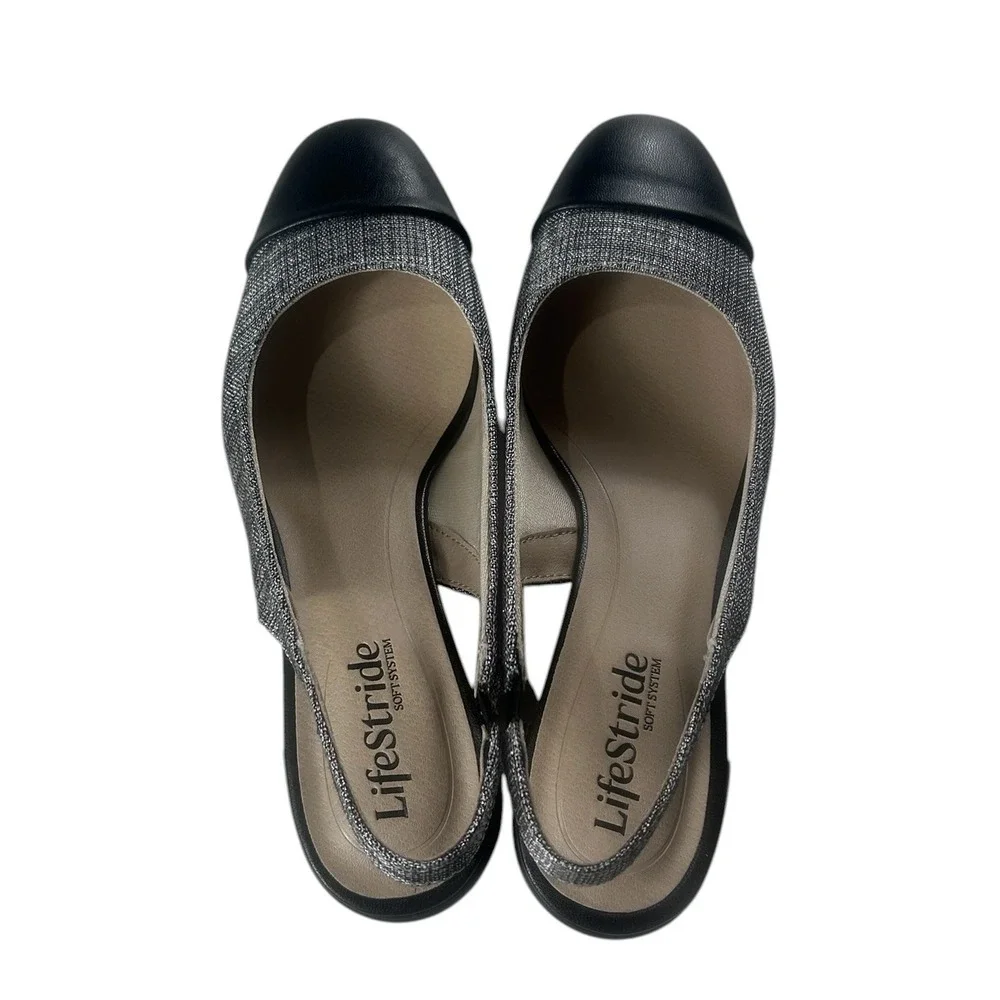 LifeStride Becoming Silver Black Cap Toe Slingback Block Heel Pumps Men 6.5M NEW
